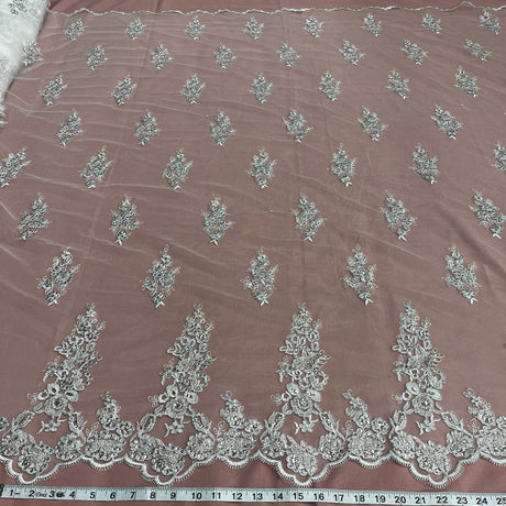 Beaded Corded Floral Bridal Lace Fabric - White, Scalloped Border, 54" Width (1 Yard)
