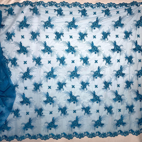 Beaded Lace Fabric Embroidered On 100 Percent Polyester Net Mesh - Lt. Blue, Turquoise, Silver, Floral Beaded Sequin Pattern, 52" Width (1 Yard)