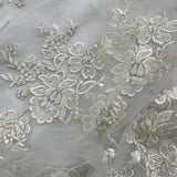 Beaded Lace Fabric Embroidered On 100 Percent Polyester Net Mesh - Ivory With Silver, White With Silver, 54" Width (1 Yard)