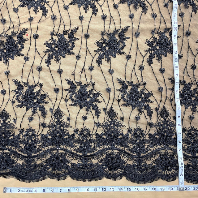 Beaded Corded Bridal Lace Fabric - Black, Navy, 51" Width (1 Yard)