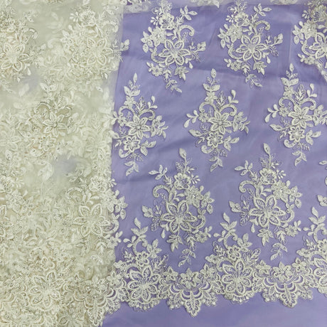 Beaded & Corded Bridal Lace Fabric - Embroidered On 100 Percent Polyester Net Mesh, 54" Width, Gold, Ivory With Silver, Ivory, Silver, White (1 Yard)
