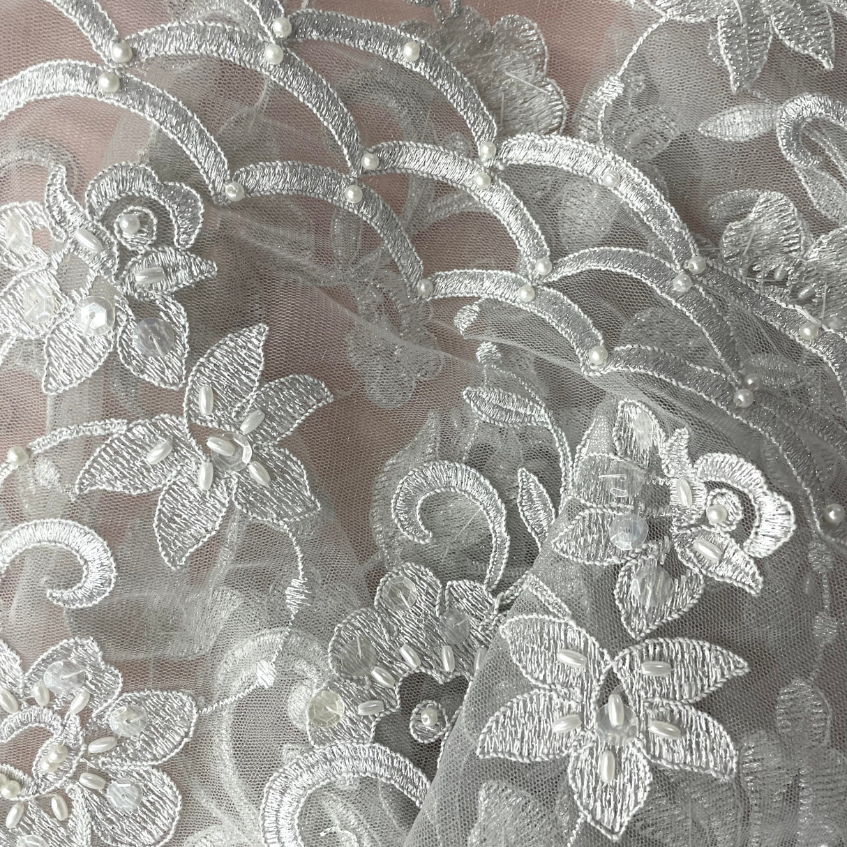 Beaded Corded Bridal Lace Polyester Fabric - Embroidered Net Mesh, 54" Width (1 Yard)