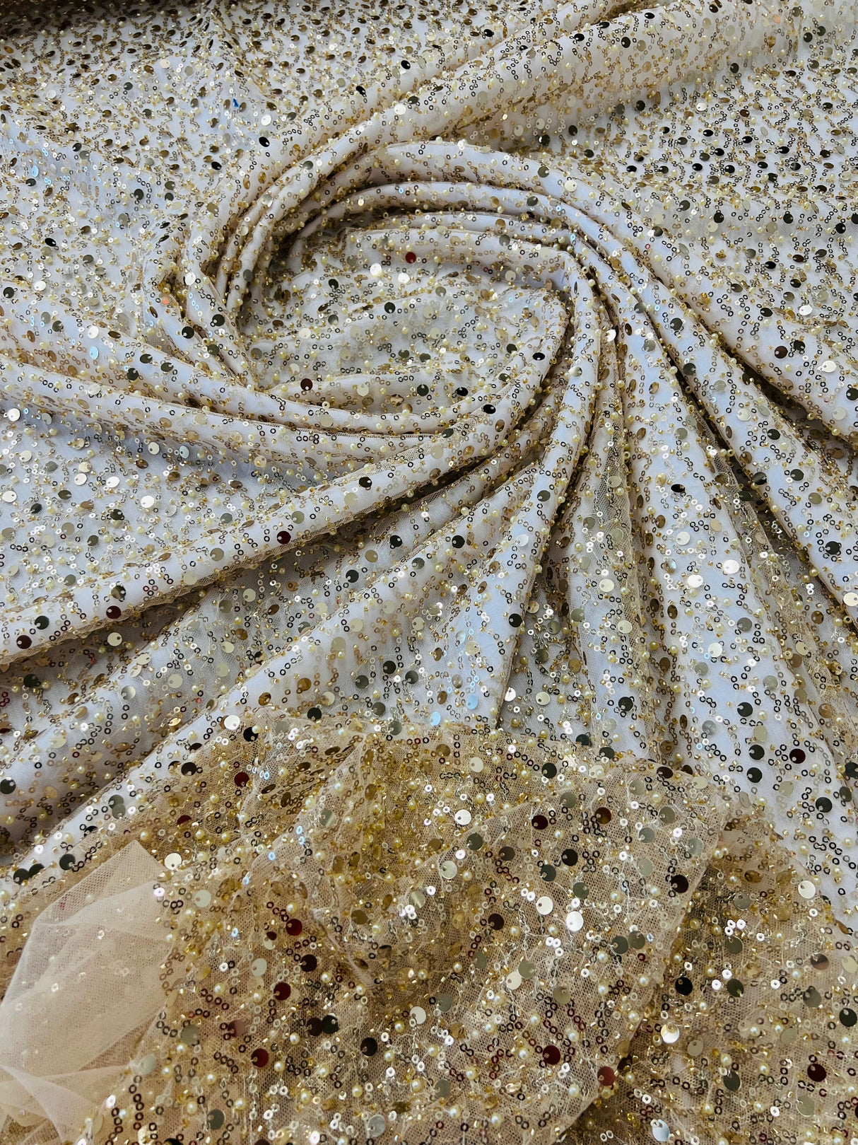 All Over Beaded Lace Polyester Fabric - Beaded, Sequins, Pearls, Mesh Lace, 54" Width (1 Yard)