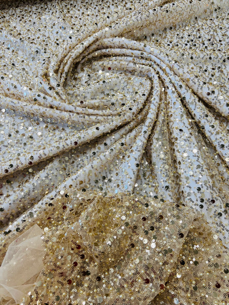All Over Beaded Lace Polyester Fabric - Beaded, Sequins, Pearls, Mesh Lace, 54" Width (1 Yard)