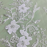 Beaded Lace Fabric Embroidered On 100 Percent Polyester Net Mesh - White, Ivory, Antique Silver, 54" Width (1 Yard)