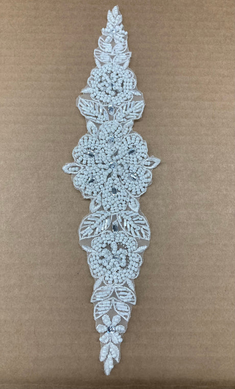 Pearl & Rhinestone Beaded Lace Applique 100 Percent Polyester Net Mesh Fabric - White, Ivory, 12.5" X 3" (1 Piece)