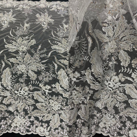 1 Yard Beaded Lace Fabric Embroidered on 100% Polyester Net Mesh
