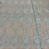 1 Yard Silver Corded Bridal Lace Fabric Embroidered on Polyester Net Mesh Elegant Floral 50 Inch Width