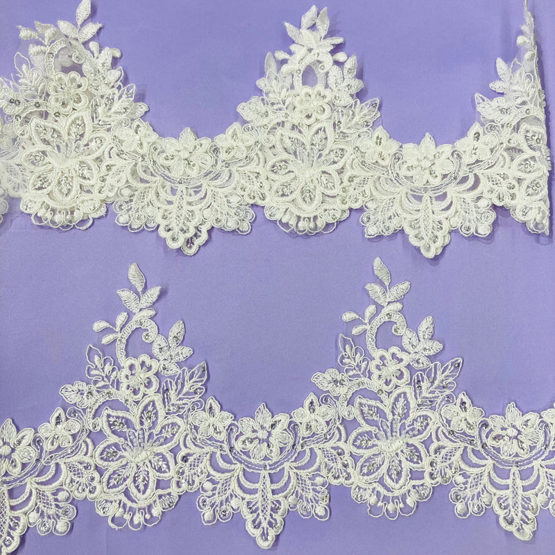 Beaded & Corded Lace Trimming 100 Percent Polyester Net Mesh Fabric - White, Ivory, 6" Width (1 Yard)
