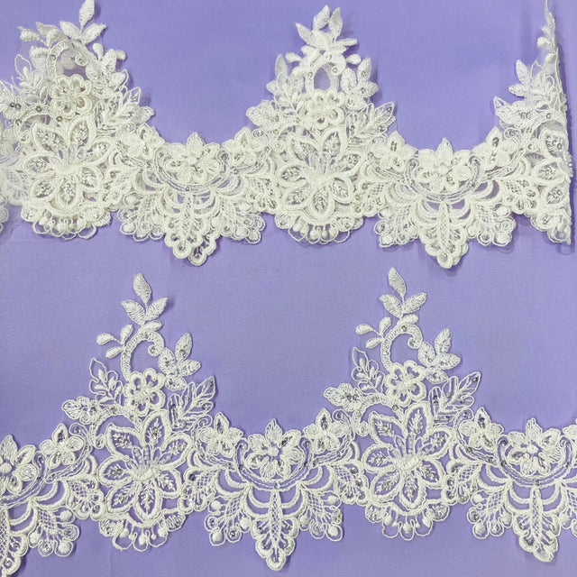 Beaded & Corded Lace Trimming 100 Percent Polyester Net Mesh Fabric - White, Ivory, 6" Width (1 Yard)