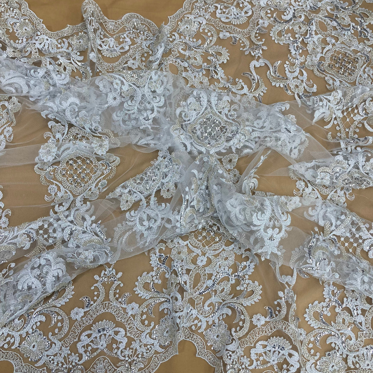 Beaded Lace Fabric on Polyester Net Mesh