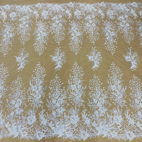 GD-66919 Beaded Lace Fabric Embroidered On 100 Percent Polyester Net Mesh - Gold, Ivory, Silver, White, 52" Width (1 Yard)