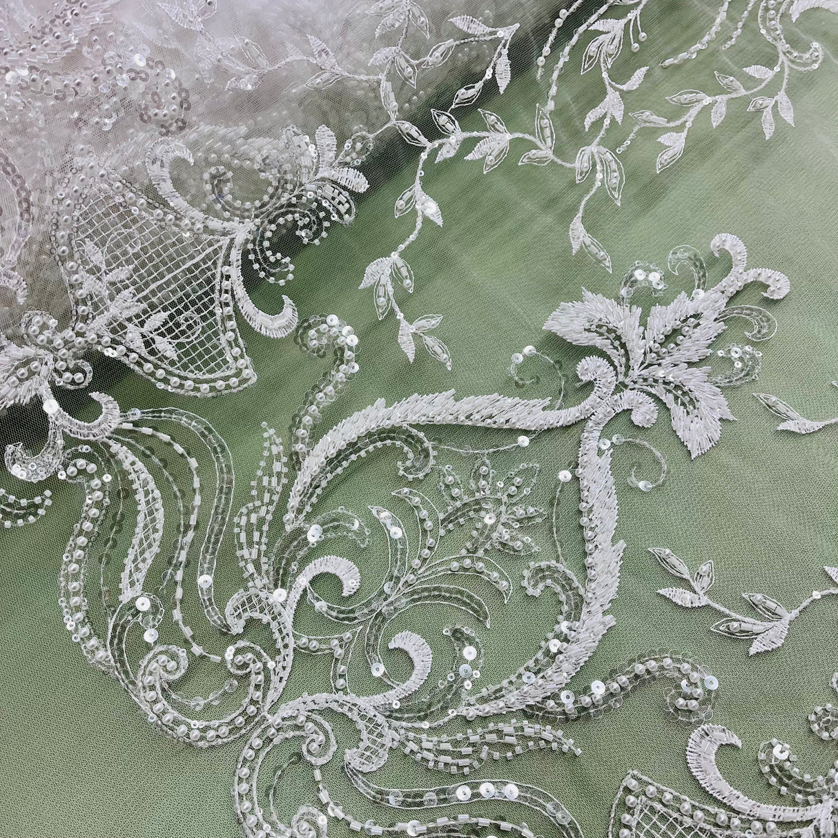 Beaded Lace Fabric on Polyester Net Mesh