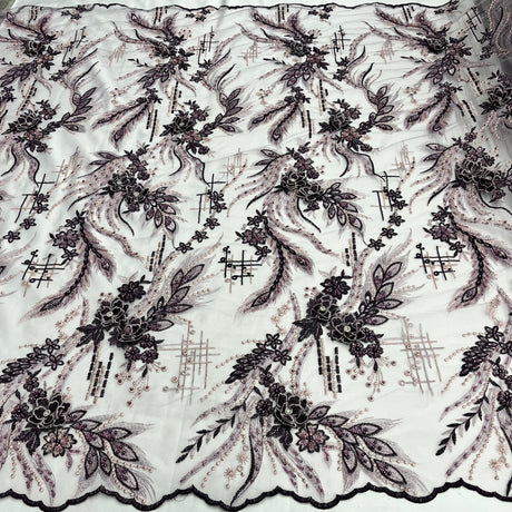 GD-2266 Beaded Rhinestone 3D Floral Lace Polyester Fabric - Plum, 3D Floral Embroidery, 50" Width (1 Yard)