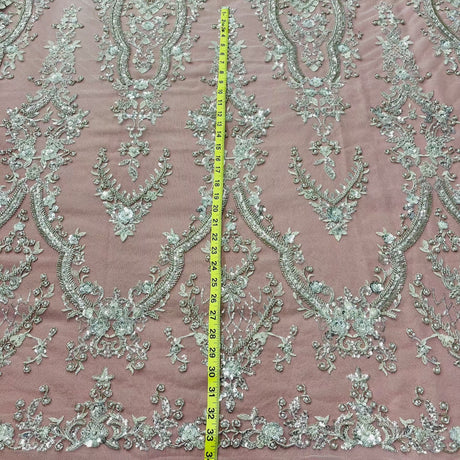 Beaded Lace Fabric Embroidered On 100 Percent Polyester Net Mesh Fabric - White, Ivory, Antique Silver, 52" Width (1 Yard)