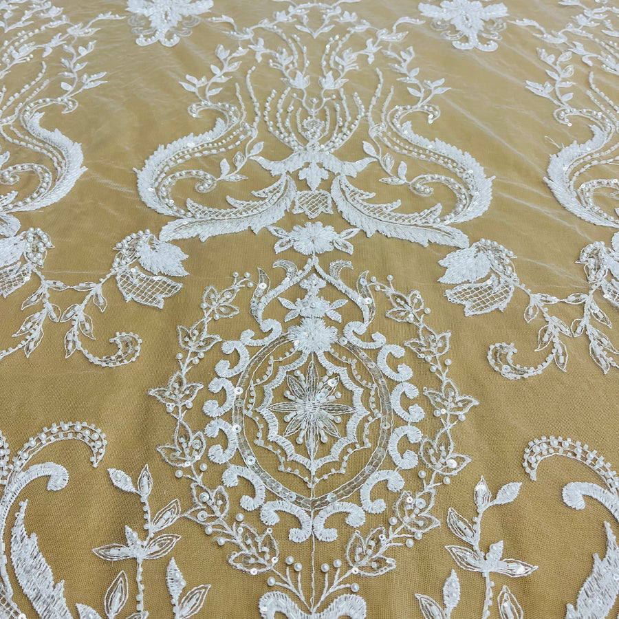 1 Yard Beaded Lace Fabric Embroidered on 100% Polyester Net Mesh Ivory