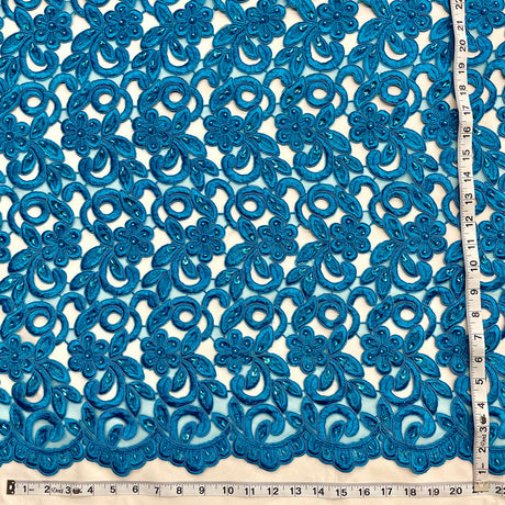 1 Yard Beaded Corded Bridal Lace Fabric Embroidered on 100 Percent Polyester Net Mesh 52 Inch Width