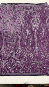 Feather Damask Shiny Sequin Design 4 Way Stretch Mesh Fabric - Iridescent Sequin Embroidered Mesh, 48-50" Width, 36" Length (1 Yard)