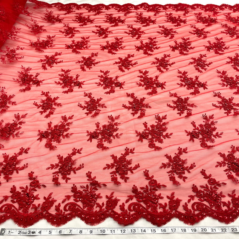 Beaded Corded Bridal Lace Fabric - Embroidered Polyester Net Mesh, Pearl Sequin Detail, 54" Width (1 Yard)
