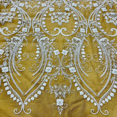 Beaded Lace Fabric Embroidered On 100 Percent Polyester Net Mesh - White, Ivory, Antique Silver, 51" Width (1 Yard)