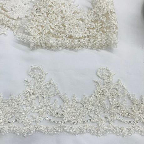 Beaded Corded Lace Trimming 100 Percent Polyester Net Mesh Fabric - Gold, Ivory, White, Silver, 6" Width (1 Yard)