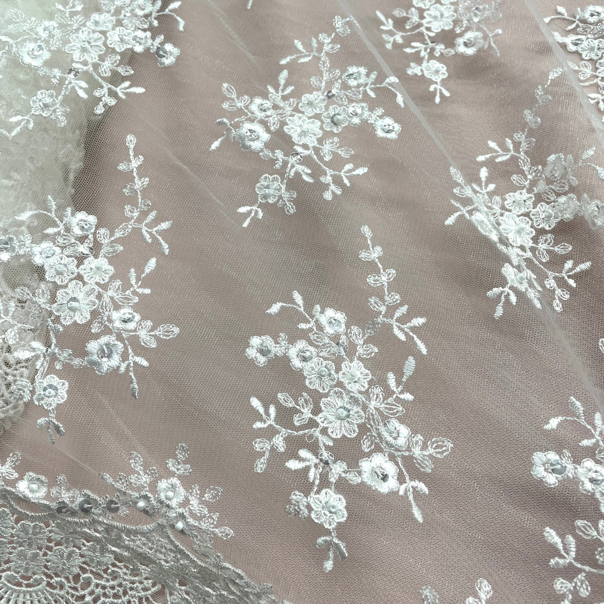 Beaded Lace Fabric Ivory Embroidered Mesh
