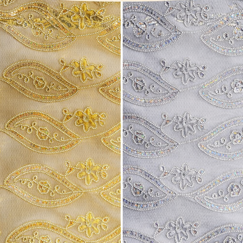 Coco Mango Polyester Fabric - Sheer Embroidery, Double Scallop Lace, Gold And Silver, 52" Width (1 Yard)