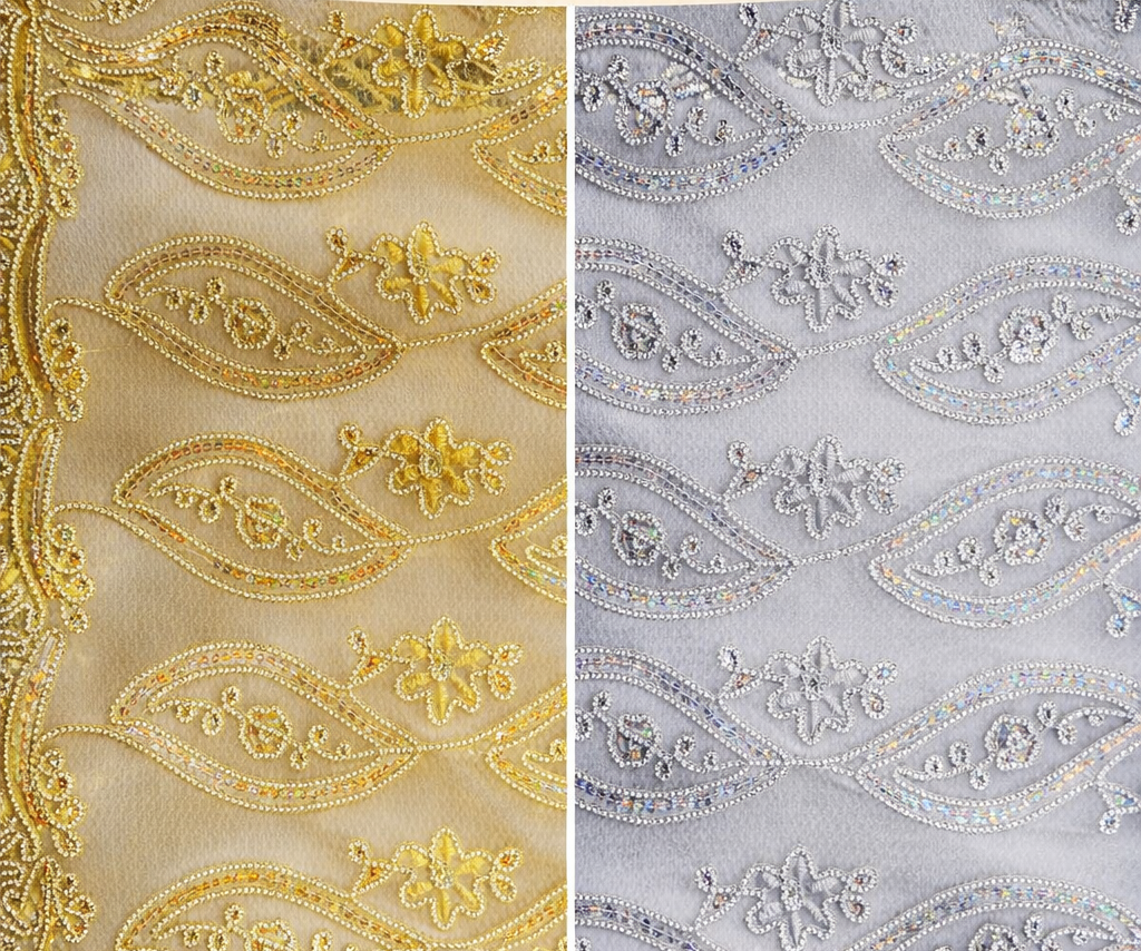 Coco Mango Polyester Fabric - Sheer Embroidery, Double Scallop Lace, Gold And Silver, 52" Width (1 Yard)