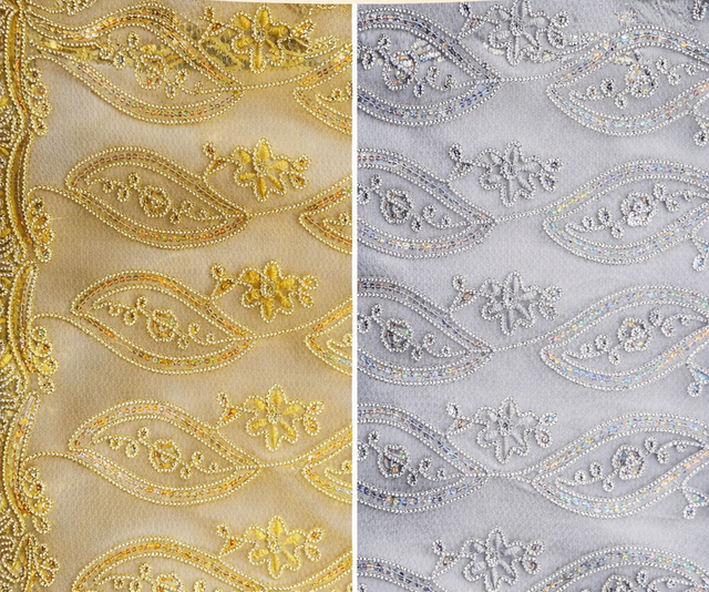 Coco Mango Polyester Fabric - Sheer Embroidery, Double Scallop Lace, Gold And Silver, 52" Width (1 Yard)