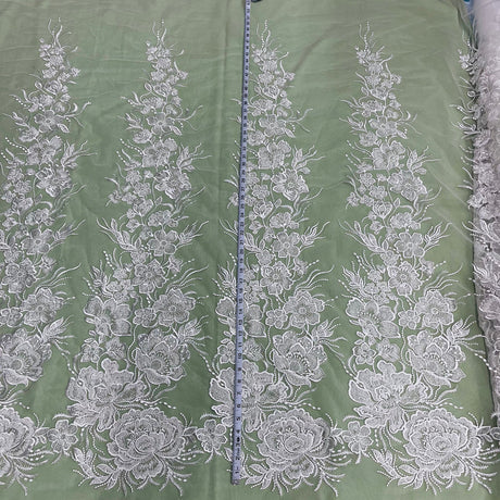 1 Yard Exquisite Beaded Lace Fabric Embroidered on 100% Polyester Net Mesh White