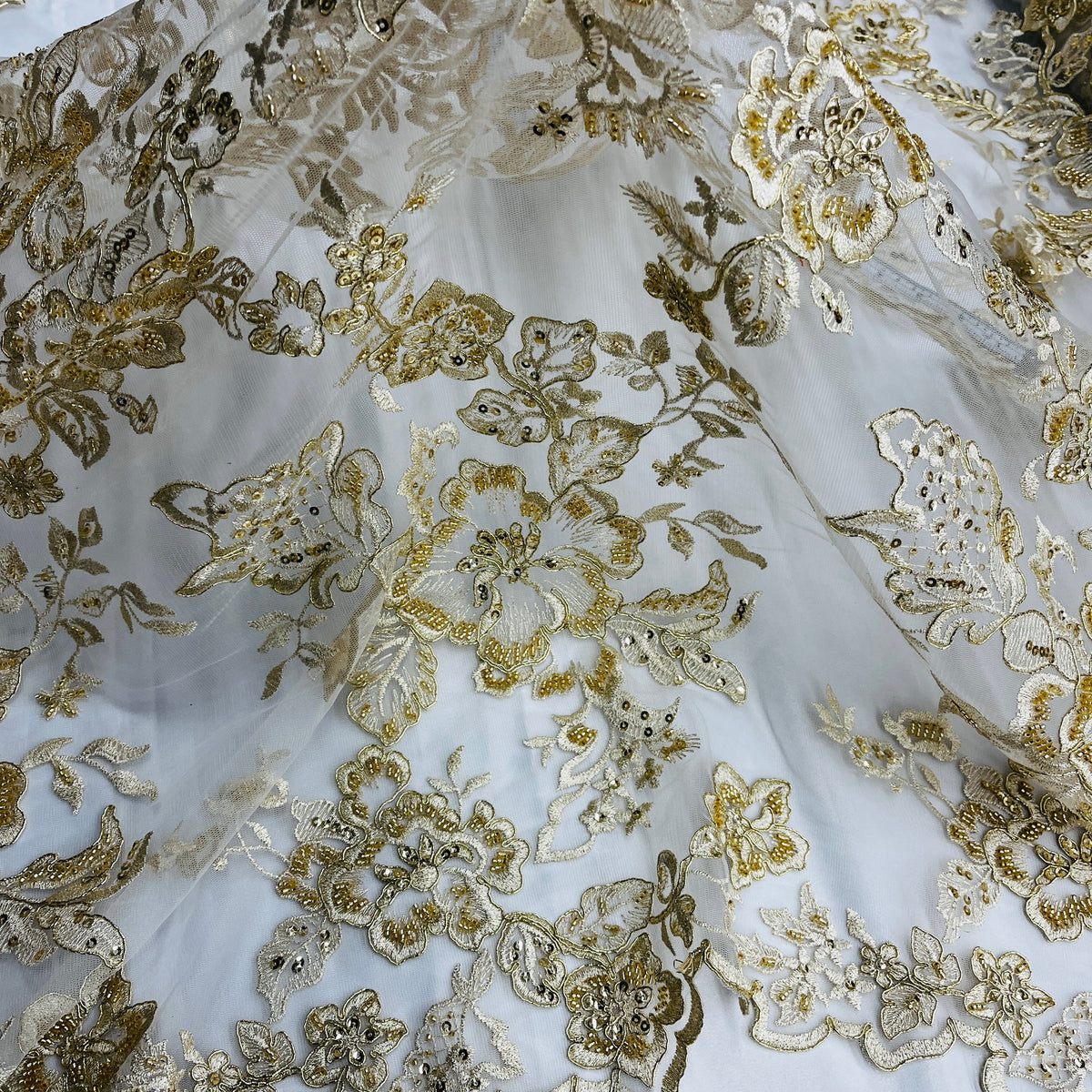 1 Yard Beaded & Corded Bridal Lace Fabric Embroidered on 100% Polyester Net Mesh 53" Wide