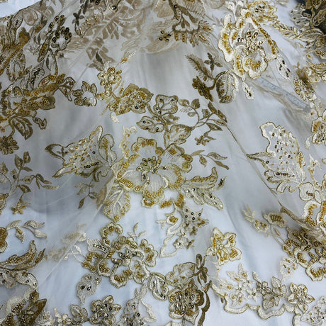 1 Yard Beaded & Corded Bridal Lace Fabric Embroidered on 100% Polyester Net Mesh 53" Wide