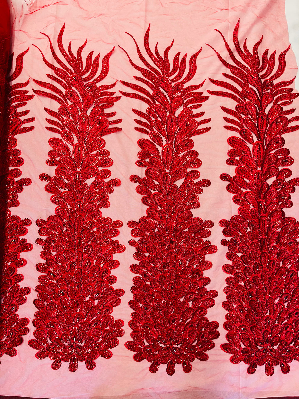 New Vegas Heavy Beaded Feather Design Embroidery Mesh Fabric - Beaded Feather Design, 11" Width, 50" Length (1 Panel)