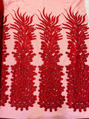 New Vegas Heavy Beaded Feather Design Embroidery Mesh Fabric - Beaded Feather Design, 11" Width, 50" Length (1 Panel)