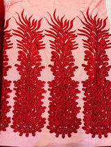 New Vegas Heavy Beaded Feather Design Embroidery Mesh Fabric - Beaded Feather Design, 11" Width, 50" Length (1 Panel)