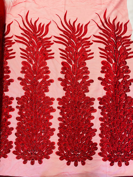 New Vegas Heavy Beaded Feather Design Embroidery Mesh Fabric - Beaded Feather Design, 11" Width, 50" Length (1 Panel)