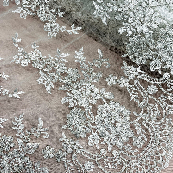 1 Yard Corded Bridal Lace Fabric Embroidered on Net Mesh White