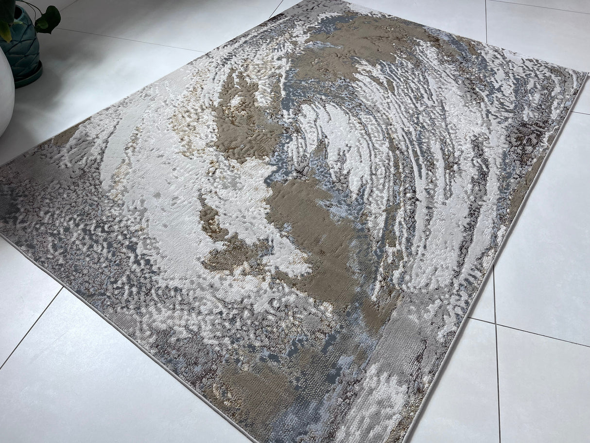 Maximus 240 Polyester Viscose Blend Fabric - Silver With Gold Swirl Design, Color-Changing Flat Weave, 60% Polypropylene 40% Polyester (7' 9" x 10' 2")