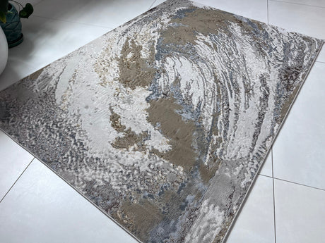 Maximus 240 Polyester Viscose Blend Fabric - Silver With Gold Swirl Design, Color-Changing Flat Weave, 60% Polypropylene 40% Polyester (7' 9" x 10' 2")
