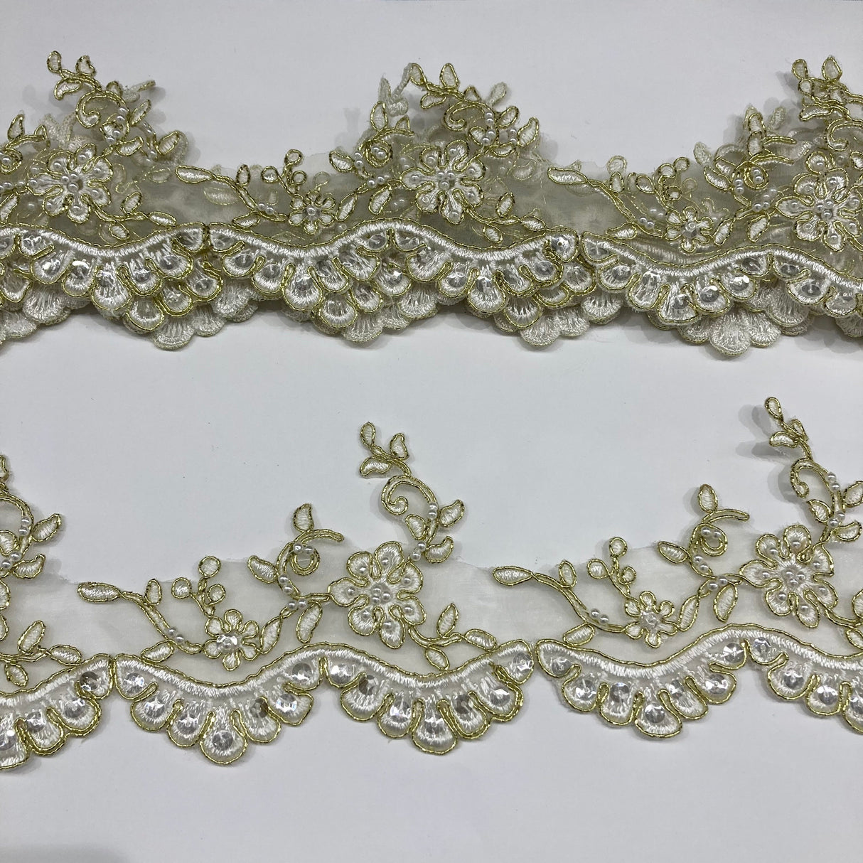 Beaded & Corded Lace Trimming Polyester Fabric - Embroidered Net Mesh, 3.25" Width (1 Yard)