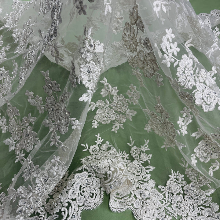 1 Yard Stunning Beaded and Corded Bridal Lace Fabric Embroidered on 100% Polyester Net Mesh White