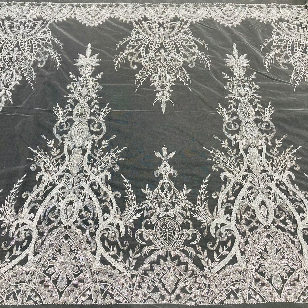 Beaded Lace Fabric on Polyester Net Mesh