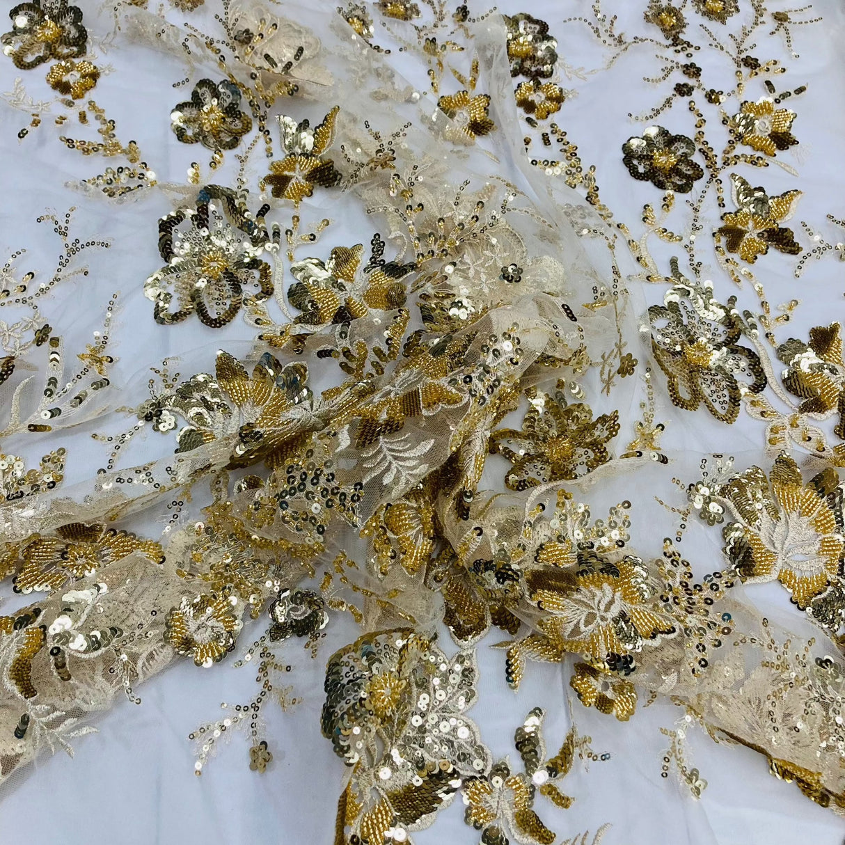Beaded Sequined Lace Fabric Ivory