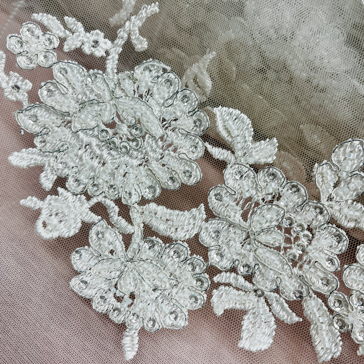 1 Yard 53" Wide Beaded & Corded Bridal Lace Fabric Embroidered on 100% Polyester Net Mesh