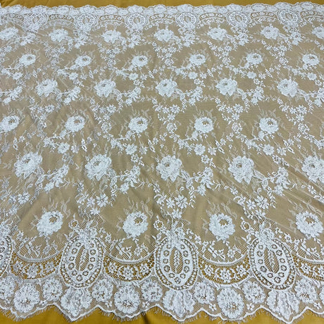 Beaded & Corded Chantilly Floral Lace Fabric - White Floral Embroidered Beaded Corded, 58" Width (3 Yards)