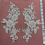 Beaded Corded Floral Lace Applique on Polyester Net Mesh