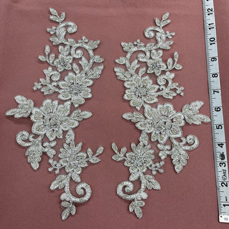 Beaded Corded Floral Lace Applique on Polyester Net Mesh