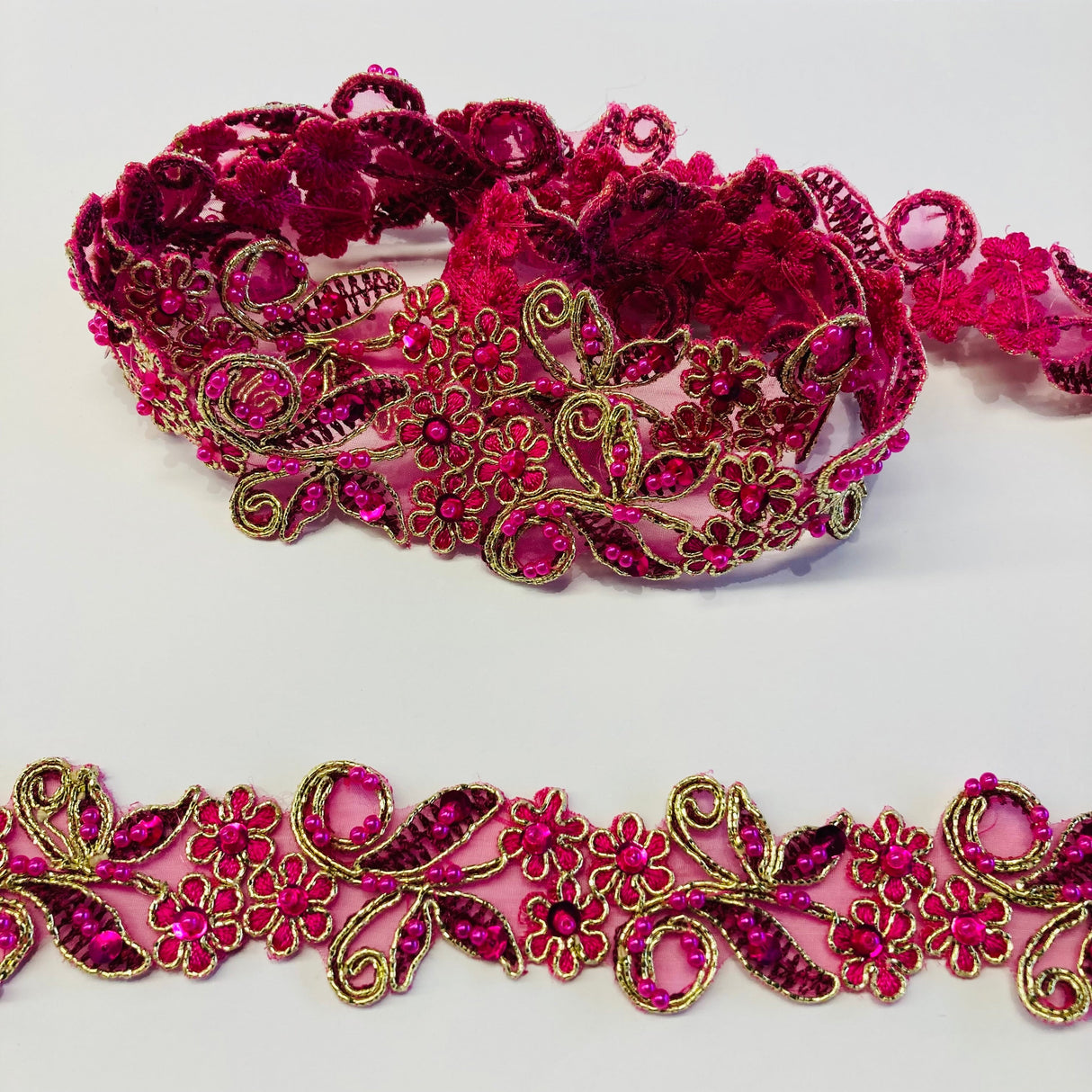 Beaded & Corded Lace Trimming Embroidered On 100 Percent Polyester Organza Fabric - Metallic Plum, 1.5" Width (1 Yard)