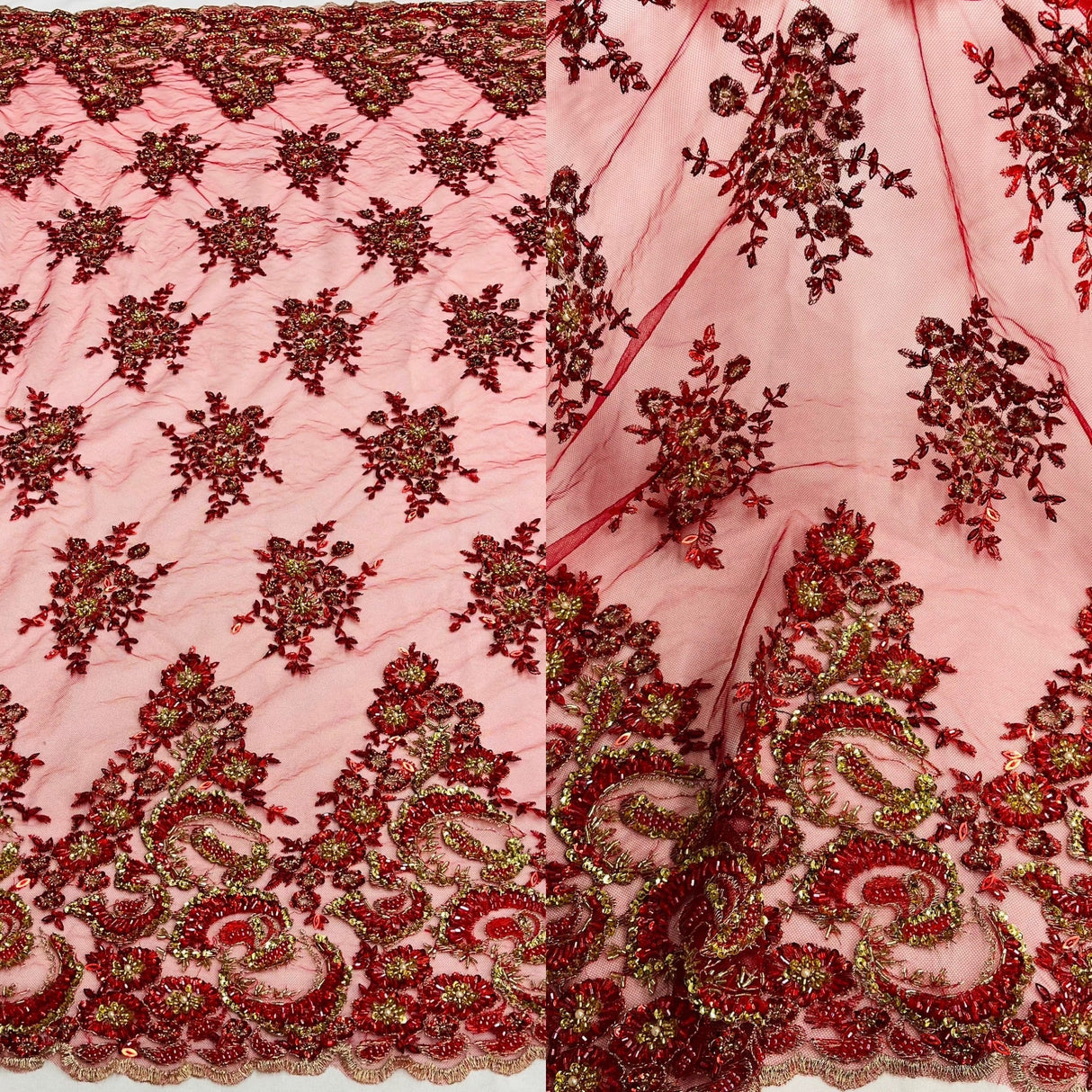 Beaded Sequined Lace Fabric on Polyester Net Mesh