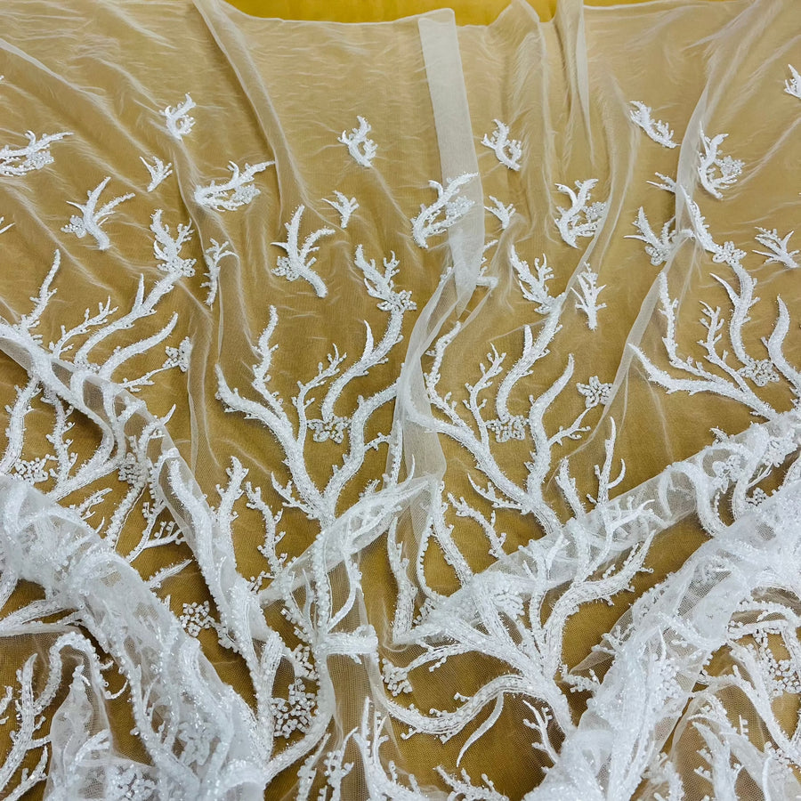 1 Yard Beaded Lace Fabric Embroidered With Fuzzy Thread on Polyester Net Mesh 54 inch Width